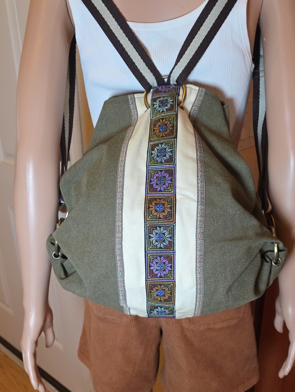 Vintage Style Boho Canvas Backpack Purse – Anti-Theft Daypack Army Green